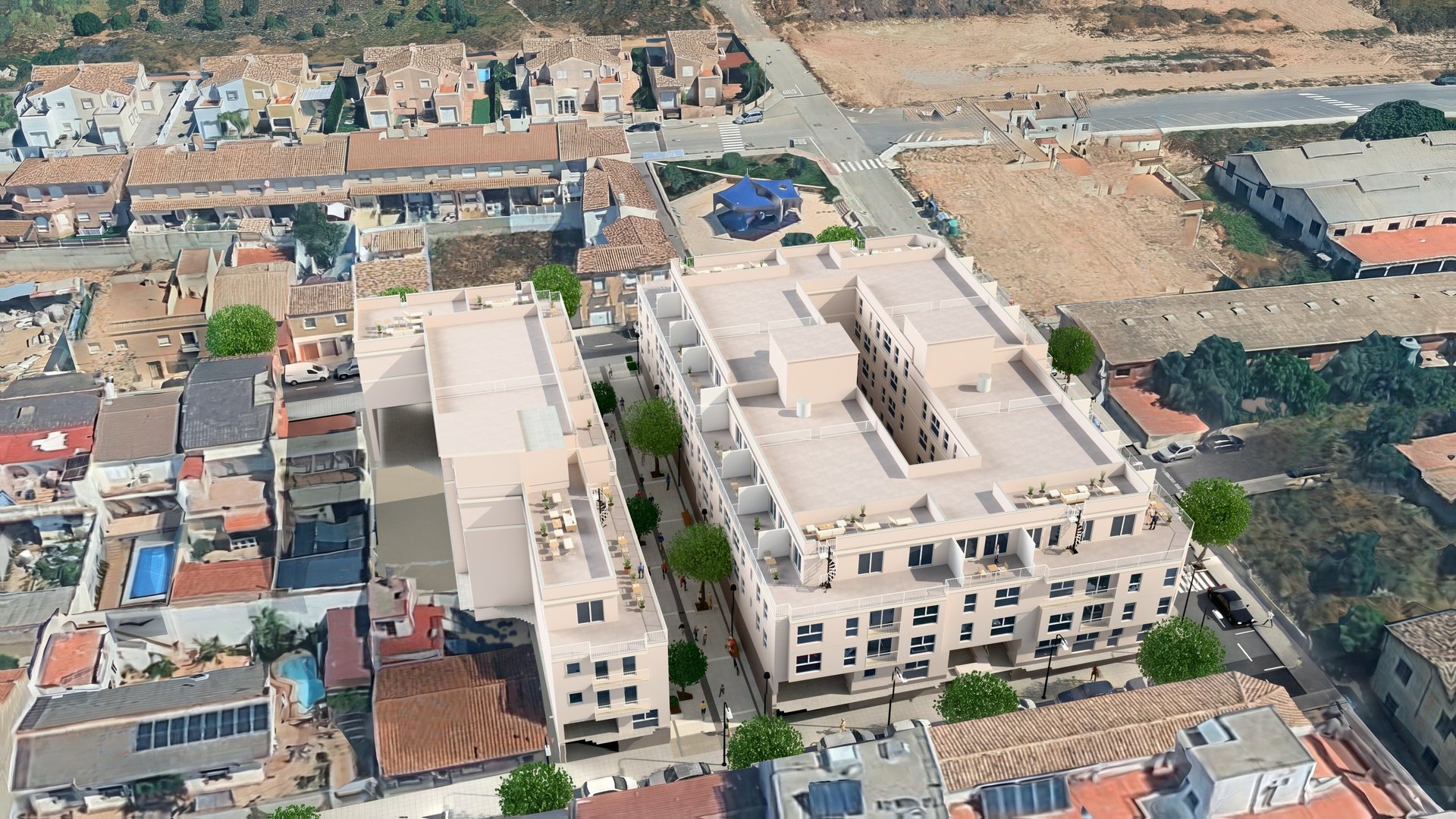 Vista aérea de Montserrat: los dos bloques de viviendas en la calle José Iturbi, Monserrat