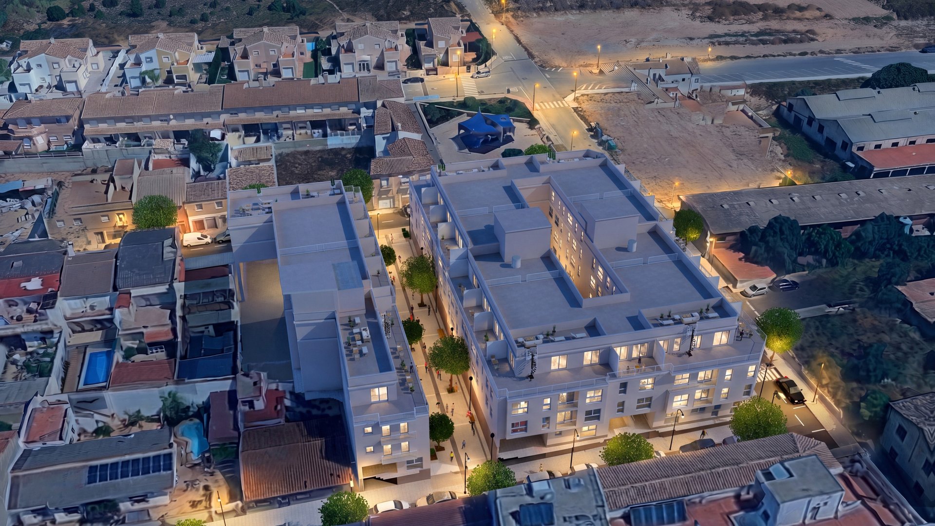 De noche: Vista aérea de Montserrat: los dos bloques de viviendas en la calle José Iturbi, Monserrat
